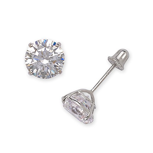 Jewelryweb 14k White Gold Solitaire Round Cubic Zirconia CZ Stud Screw-back Earrings (2mm-7mm)