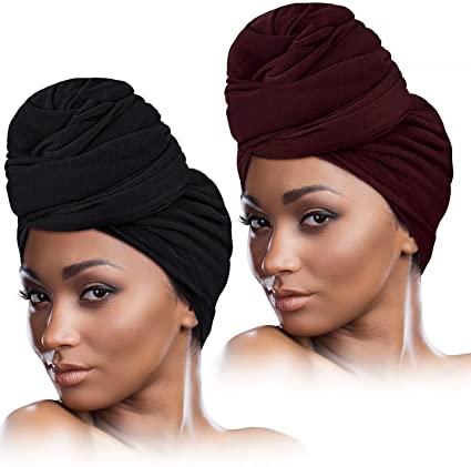 2 Pieces Stretch Head Wrap Scarf Stretchy Turban Long Hair Scarf Wrap Solid Color Soft Head Band Tie for Women