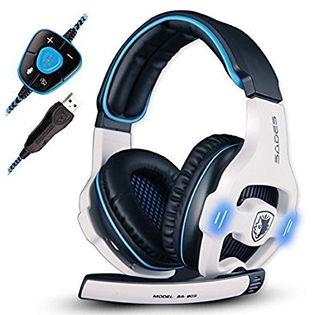 SADES 903 Surround Sound Pro USB PC Stereo Noise-Canceling Gaming Headset with High Sensitivity Mic Volume-Control Blue LED lighting (White)