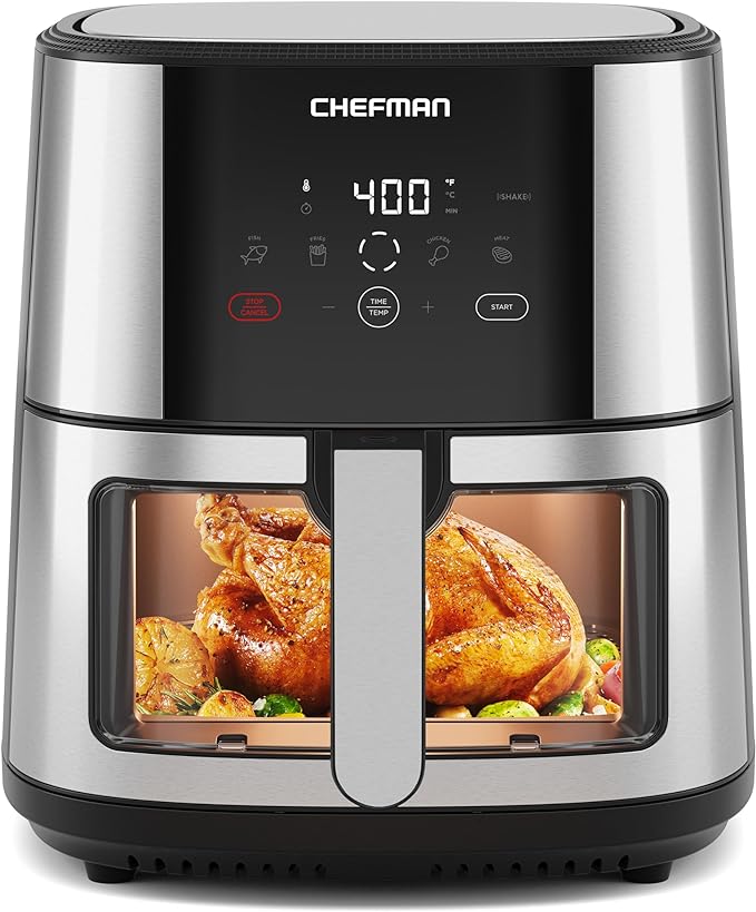 CHEFMAN Easy-View Air Fryer – 8 Qt Family Size with Viewing Window, One-Touch Digital Control with 4 Presets, Nonstick & Dishwasher Safe, Broil, Roast, Dehydrate, Bake, Auto-Shutoff, Stainless Steel