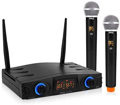 Compact UHF Wireless Microphone System - Pro Portable Dual Channel Desktop Digital Mic Receiver Set w/ 2 Handheld Mic, Receiver Base, USB Cable, Battery, XLR, For Home, PA, Karaoke, DJ - Pyle PDWM2950