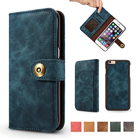 iPhone 6 Plus Case, Vintage 2 in 1 [Magnetic Detachable] Flip Wallet PU Leather Slim Case Retro [4 Card Holder] Slot Wallet Removable Folio Book Cover for iPhone 6 Plus / 6S Plus 5.5 inches - Blue