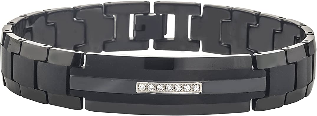 AX Jewelry Mens Natural Diamond Black Tungsten Carbide ID Bracelet (0.15 cts)