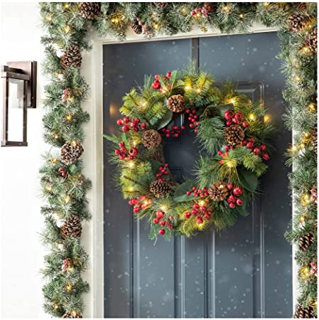 Glitzhome 24 Inch Prelit Christmas Wreath, Berry Magnolia Leaf Pinecone Wreath, Holiday Xmas Hanging Decoration for Front Door Porch Indoor Wall