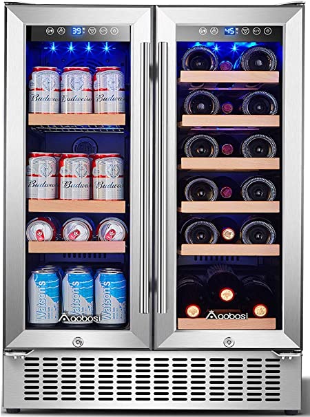 Aobosi 24 Inch Beverage and Wine Cooler Dual Zone, 2-IN-1 Wine Beverage Refrigerator with Independent Temperature Control, Blue LED Light, Quiet Operation, Energy Saving, Hold 18 Bottles and 57 Cans