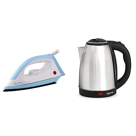 Lifelong 1100W LLDI09 Dry Iron & Lifelong LLEK15 Electric Kettle 1.5L with Body, Easy and Fast Boiling of Water for Instant Noodles, Soup, Tea etc. (1 Year Warranty, Silver)
