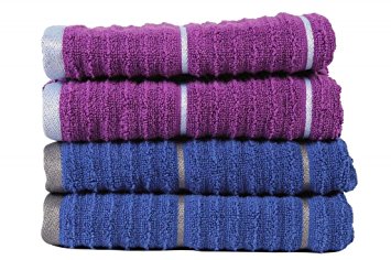 Casa Copenhagen Linea Ribbed Zero twist Cotton 4-Pieces Hand Towels Combo, Sparkling Grape & Deep Sapphire