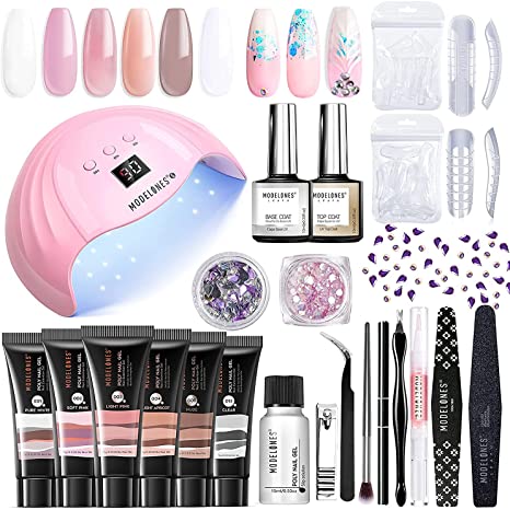 Modelones Poly Extension Gel Nail Kit - 6 Colors with 48W Nail Light Nail Lamp Slip Solution Rhinestones Glitter All In One Kit for Nail Manicure Beginner Starter Kit DIY at Home