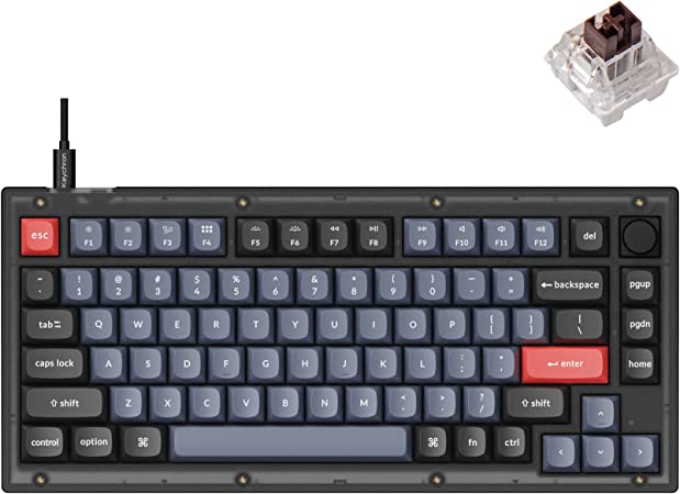 Keychron V1 Wired Custom Mechanical Keyboard Knob Version, 75% Layout QMK/VIA Programmable with Hot-swappable Keychron K Pro Brown Switch Compatible with Mac Windows Linux (Frosted Black-Translucent)