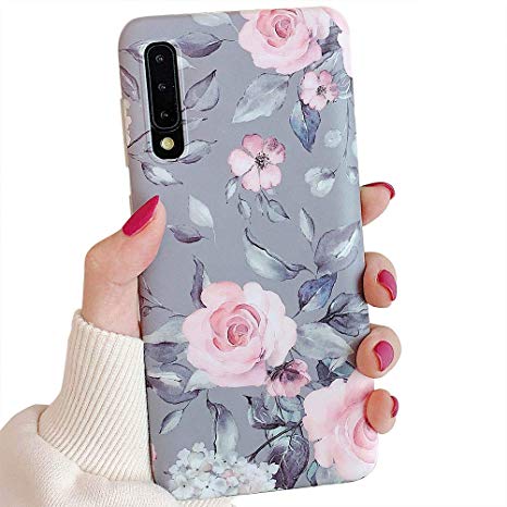 Samsung Galaxy A50 Phone Case for Women & Girls,YeLoveHaw Flexible Soft Slim Fit Full-around Protective Cute Case Cover with Purple Floral Gray Leaves Pattern for Samsung GalaxyA50 6.4''(Pink Flowers)