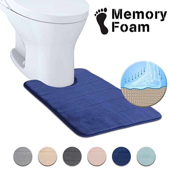 Freshmint Memory Foam Bath Mat (24 by 20, U-Shape), Fleece Contoured Toilet Bathroom Rugs Thick Padded, Maximum Absorbent Bath Rug, Soft, Comfortable, Non-Slip, Super Cozy Velvet Floor Mat, Navy