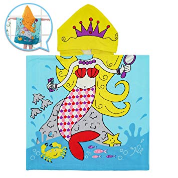 Quick Dry Hooded Towel for Girls, OUTERDO Hooded Kids Crystal Blue Mermaid Towel for 1 to 6 Years Old Kids 100% Microfiber Ultra Soft, Super Absorbent, Extra Large 36" x 24", Use for Bath,Pool,Beach