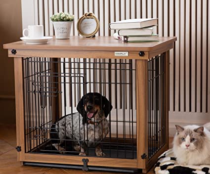 Simply Plus Wood & Wire Dog Crate with Slide Tray and Detachable Top Cover Indoor Pet Crate Side Table