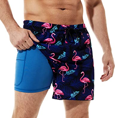 BRISIRA Mens Swim Trunks Quick Dry Swim Shorts 5 inch Inseam Stretch Water Beach Shorts with Compression Liner Zipper Pocket