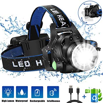 HOKEKI Headlamp, USB Rechargeable LED Head Lamp, Adjustable Headband 4 Modes Grade, IPX4 Waterproof for Jogging, Hiking, Dog Walking, Hunting