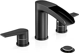 Phiestina Matte Black Waterfall Bathroom Faucet, Widespread 3 Hole 8 Inch Modern Bathroom Faucet with Pop Up Drain and Water Supply Lines, NS-WF005-MB