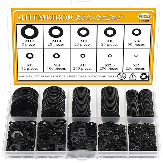 1000 Pieces 9 Sizes Black Zinc Plated Steel Flat Washers for Screws Bolts, Black Washers, Metal Washers, Assorted Washers (M2 M2.5 M3 M4 M5 M6 M8 M10 M12)