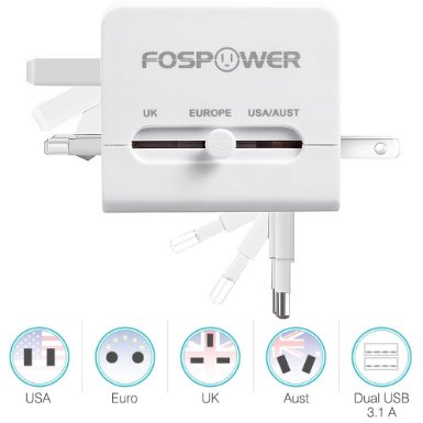FosPower FUSE WorldWide Universal AC International Adapter Travel Charger with Dual [3.1A] USB Charging Ports (US UK EU AU) - White