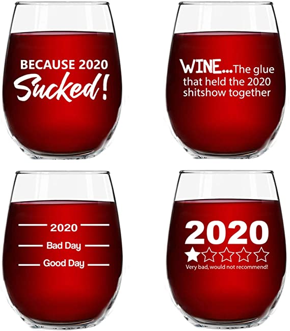 2020 Sucked Funny Stemless Wine Glasses 4 Pack- Hilarious Novelty Wine Glassware for Women- New Years Eve Party, Event, Hosting Fun- Cute Quarantine 2020 Do Not Recommend Survival Gift