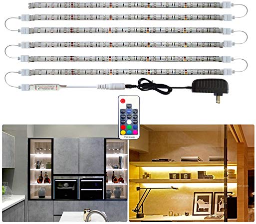 Tesfish LED Strip Lights, 6 PCS x 19.6In RGB Under Cabinet Lighting, Backlight, Waterproof LED Color Changing Rope Lights with Power Adapter and Remote for Home Decor, Kitchen, Bedroom, Shelf