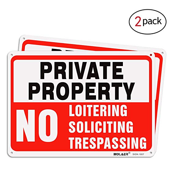 MOLAER Private Property No Trespassing Sign, No Soliciting, No Loitering, 2 Pack Warning Signs 10" x 7" UV Printed Waterproof Reflective .040 Rust Free Aluminum Material Indoor or Outdoor Use