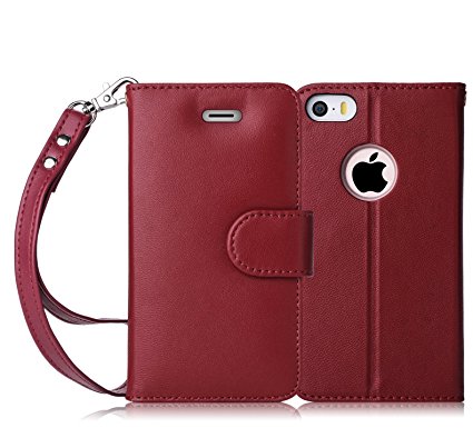 iPhone SE Case, iPhone 5S Case, iPhone 5 Case, FYY [Top-Notch Series] Genuine Leather Wallet Case Protective Cover for Apple iPhone SE/5S/5 Wine Red