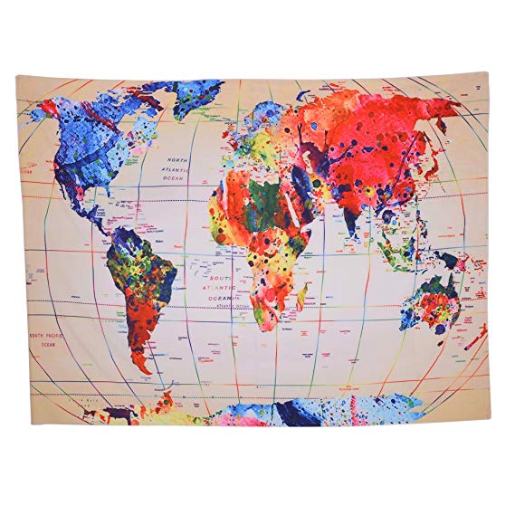 World Map Tapestry Global Map Wall Hanging Retro Watercolor Wall Art Geography Teaching Earth Map Mandala Bohemian Tapestry Home Room Dorm Headboard Decor (51 X 59 Inches)
