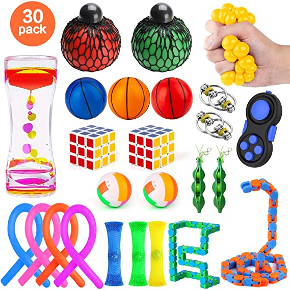 MIBOTE 30 Pack Fidget Toys Set, Sensory Toys Bundle for Kids/Adults Stress Relief and Anti-Anxiety Hand Toys , Liquid Motion Timer, Fidget Pad, Snake Cube, Puzzle Balls, Cube