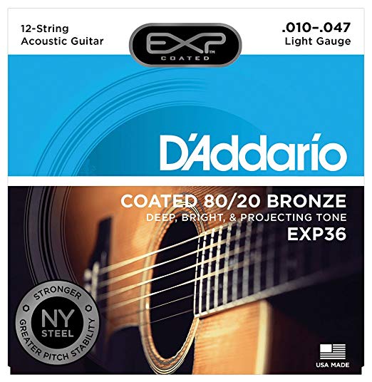 D'Addario EXP36 Coated 80/20 Bronze 12-String Acoustic Guitar Strings, Light, 10-47