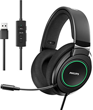 Philips Stereo Headphones, USB Computer Gaming Headset with Microphone, 7.1 Surround Sound, Comfort Fit Wired Headphones with RGB LED Lighting