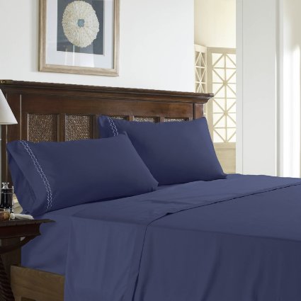 Bedsure Microfiber Sheet Set- 4 Piece Bedding Sheet Set (1 Flat Sheet 1 Fitted Sheet 2 Pillow Cases) Fade, Wrinkle, Stain Resistant (Queen/Navy Blue)