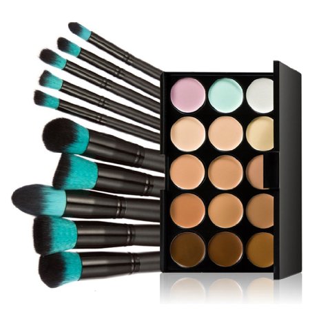 NUOLUX 15 Colors Face Concealer Palette with 10pcs Makeup Brushes (Black Blue)
