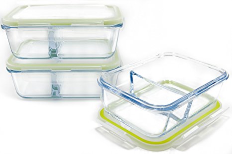 IdealPrep - Glass Food Container 2-Compartment with Glass Divider and Removable Silicone Snap Lock Lid, 3.5 Cup, 28 Ounce, 3 Pack, Small