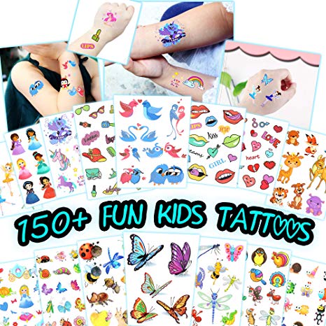 150  Fun Kids Temporary Tattoos -Easy-to-Use Tattoos for Children - Bulk Assorted Designs, Waterproof Body Art (15 Sheets)