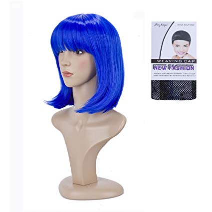 BeliHair Blue Costumes Wigs for Women Short BOB Straight Synthetic Hair Wig with Flat Bangs for Cosplay Halloween Party Hot Natural As Real Hair   Free Wigs Cap 12 inch