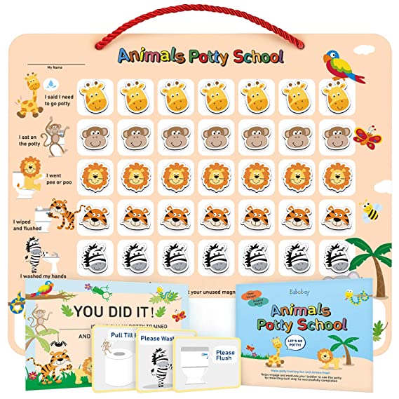 Babebay Potty Training Chart for Toddlers - Fun Animal Design - Magnetic Sticker Chart, Potty Training Reward Chart for Boys and Girls, Certificate, 3 Instruction Steps, 35 Magnetic Stickers