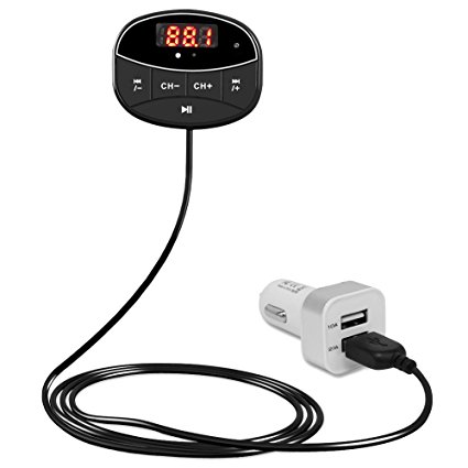 Bluetooth FM Transmitter, Wireless in Car MP3 Player Audio Radio Adapter, Bluetooth Handsfree Calling Car Kit with Dual USB Car Charger/Digital LED Display/TF Card Slot/3.5mm AUX Cable