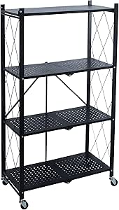 Organize It All Foldable Metal Rack with Wheels | Dimensions: 27.875"x 13.25"x 49.62 | 4 Tier | Holds Maximum 352 Pounds | Home Organization | Black