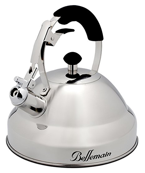 Extra Sturdy Surgical Stainless Steel Whistling Tea Kettle for Stovetop with Aluminum Layered Bottom 2.75 Quart Teapot by Bellemain