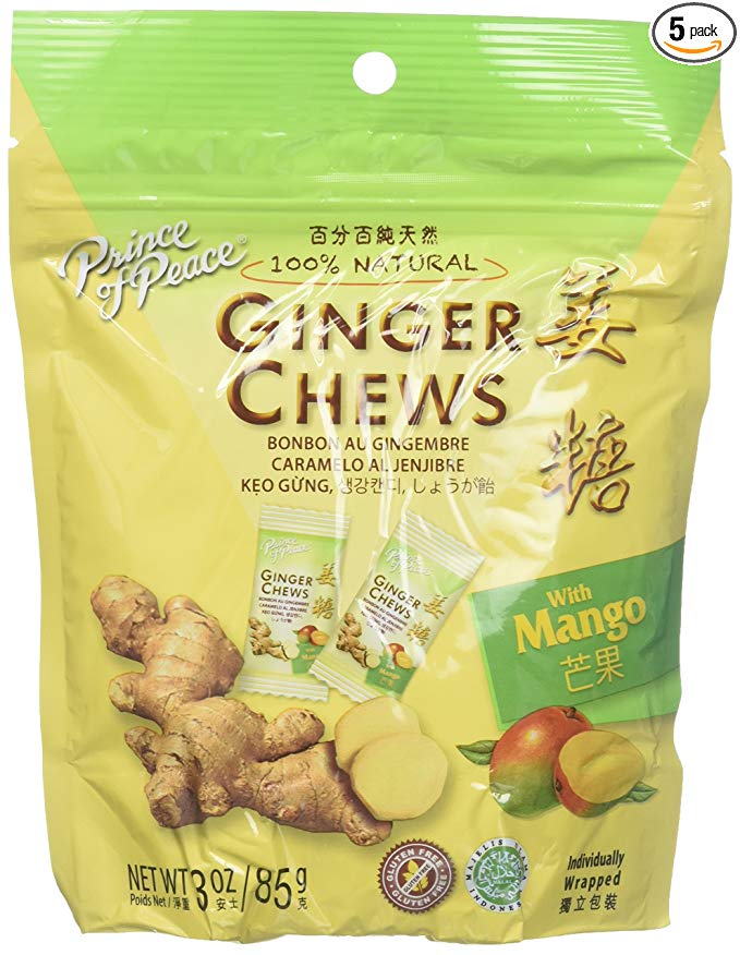 5 Packs of Prince Of Peace 100 Percent Natural Ginger Candy Chews (Mango, 3 ounce)