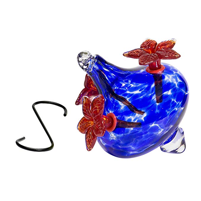 Best Home Products, Blown Glass Hummingbird Feeder, Red Bouquet Cap, 24 Ounces (Blue)