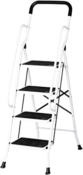 Dporticus Anti-Slip Portable 4 Step Ladder with Wide Pedal and Sturdy Handrails Folding Safty Steel Step Stool Multi-Use for Household Market Office,330LBS Capacity