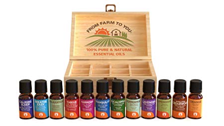 TOP 12 Essential Oils Set - 6 pk single + blends + 12 slot wooden box Set - 100% Pure and Natural Therapeutic Grade Oil for Aromatherapy Diffuser