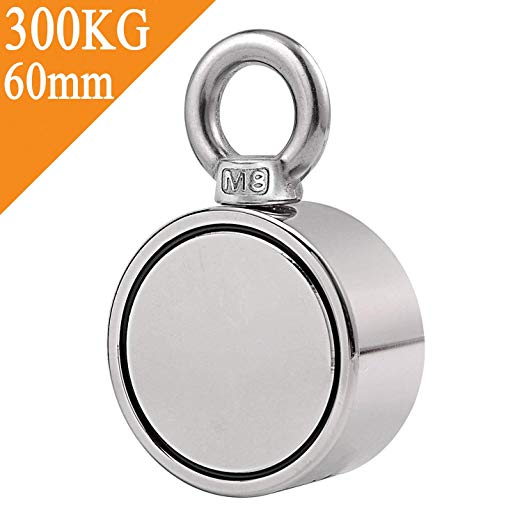 Uolor Double Side Combined 300KG Pulling Force Round Neodymium Magnet, Super Strong Fishing Magnet with Eyebolt for Magnet Fishing and Salvage in River - 60mm Diameter