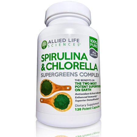 Allied Life Spirulina and Chlorella - Chlorophyll Vegan Protein Powder Capsules. Natural Anti Inflammatory Detox Cleanse. 120 caps