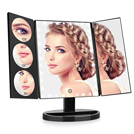 Easehold 35 LED Lighted Vanity Makeup Mirror Tri-Fold with 3X 5X 10X Magnifiers 360 Degree Free Rotation Countertop Bathroom Cosmetic Mirror (Black)