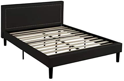 Divano Roma Furniture Classic Deluxe Bonded Leather Low Profile Platform Bed Frame with Nailhead Trim Headboard Design-Fits Full Mattresses-Black