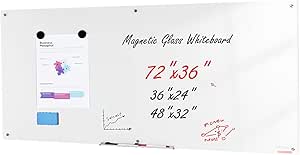 VEVOR Magnetic Glass Whiteboard, Dry Erase Board 72"x36", Wall-Mounted Large White Glassboard Frameless, with Marker Tray, an Eraser and 2 Markers, White