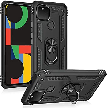 Tuopuna for Google Pixel 5 Case, with Impact Resistant Defender Metal Ring Kickstand Magnetic Support Armor Cover - Black