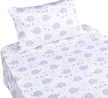 J-pinno Cute Elephant Twin Sheet Set for Kids Boys Girls Children,100% Cotton, Flat Sheet + Fitted Sheet + Pillowcase Bedding Set